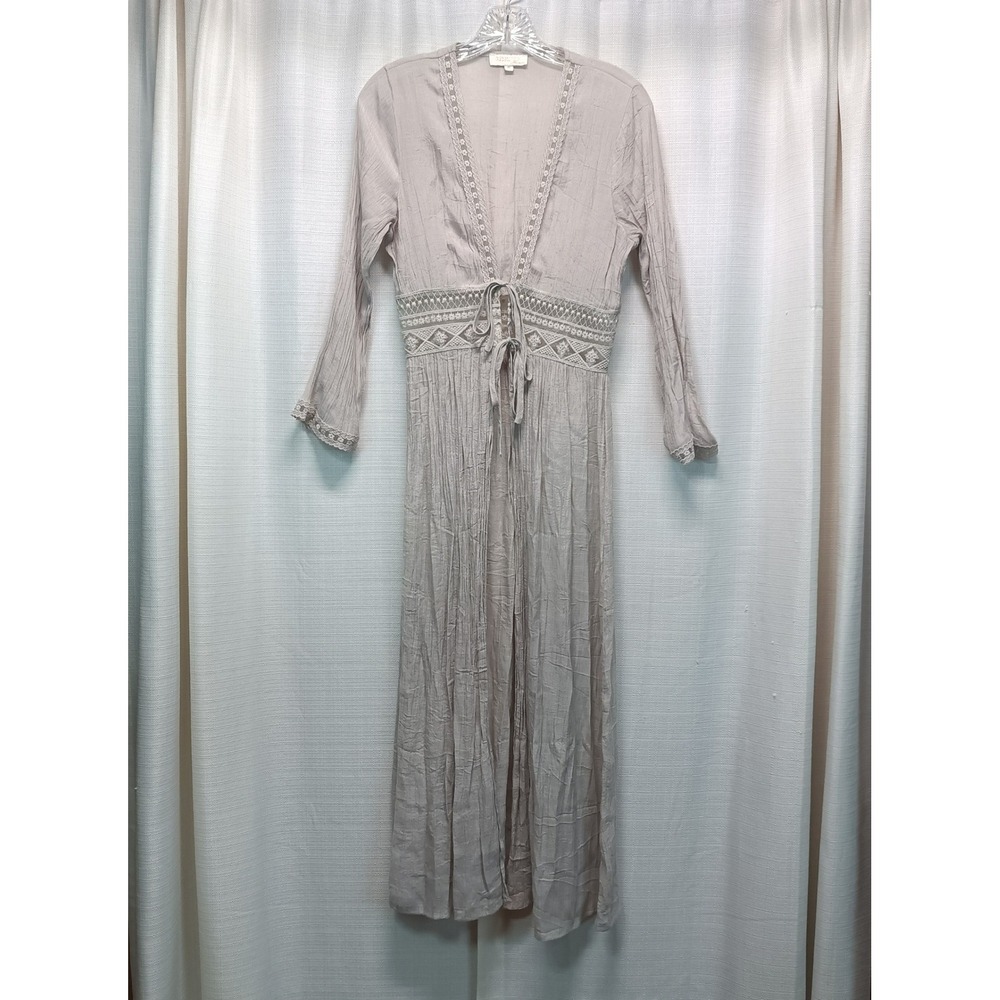 Rebellion Again Womens S Taupe Crochet Lace Boho Crinkle Maxi Cover Up Beach